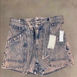 Joie Edana Belted Acid-Wash Cotton Denim Shorts